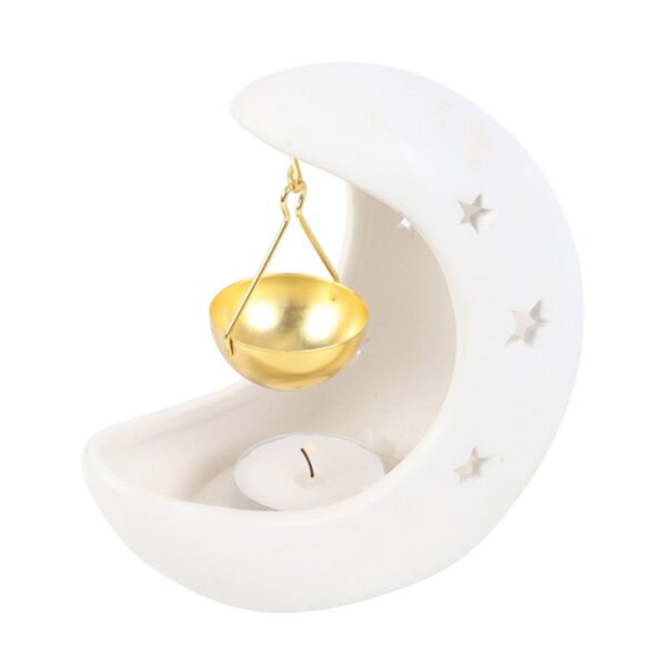 White Crescent Moon Hanging Ceramic Oil Burner with Gold Metal Dish - Image 2
