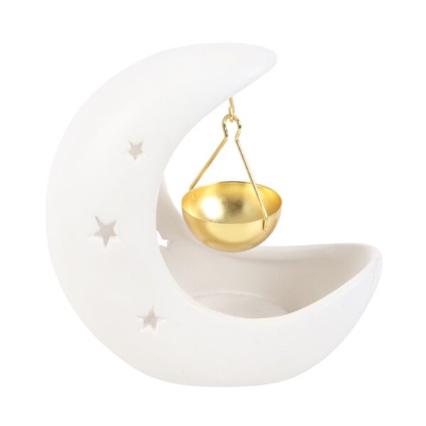 White Crescent Moon Hanging Ceramic Oil Burner with Gold Metal Dish - Image 3
