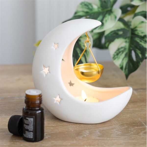 White Crescent Moon Hanging Ceramic Oil Burner with Gold Metal Dish - Image 4
